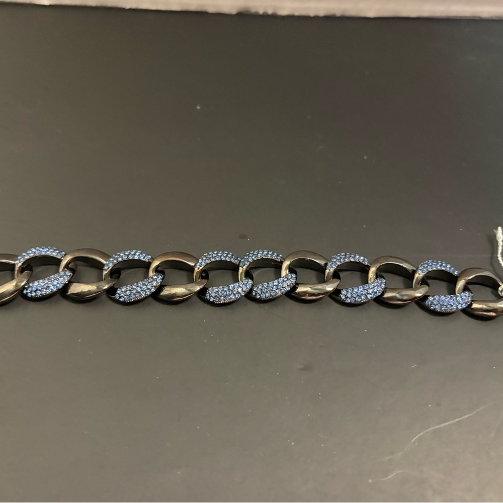 Andover Black Rhodium and Sapphire Swarovski Crystals,  Pave Curb Chain Bracelet